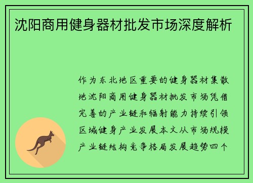 沈阳商用健身器材批发市场深度解析