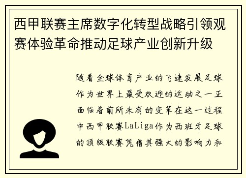 西甲联赛主席数字化转型战略引领观赛体验革命推动足球产业创新升级